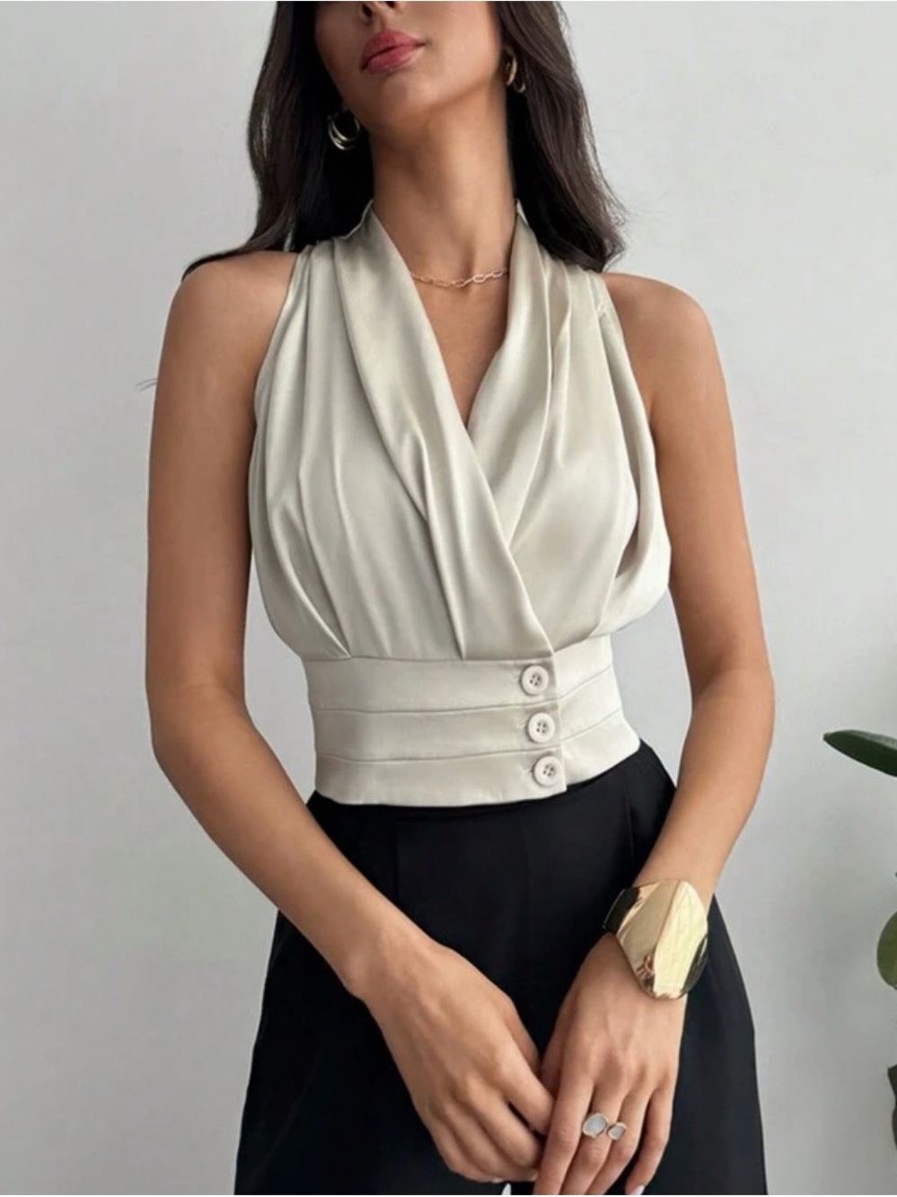 Sleeveless Draped Halter Waist Top in Cream